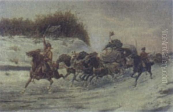 Soldiers In A Winter Landscape Oil Painting by Adolf (Constantin) Baumgartner-Stoiloff