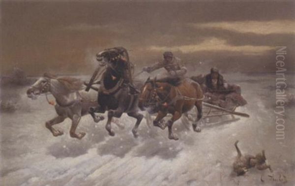 Hunting The Wolf Oil Painting by Adolf (Constantin) Baumgartner-Stoiloff