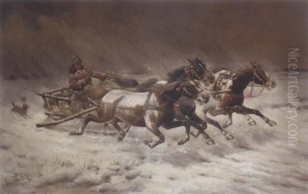 Huntsman Chasing Through The Snow Oil Painting by Adolf (Constantin) Baumgartner-Stoiloff