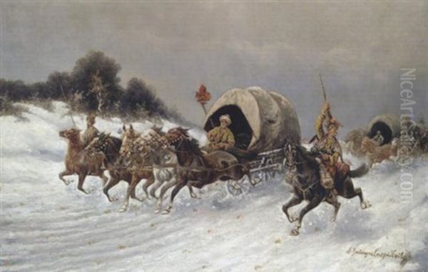 Uberfall Der Karawane Im Schnee Oil Painting by Adolf (Constantin) Baumgartner-Stoiloff