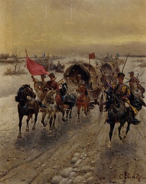 A Siberian Gold Convoy Oil Painting by Adolf (Constantin) Baumgartner-Stoiloff