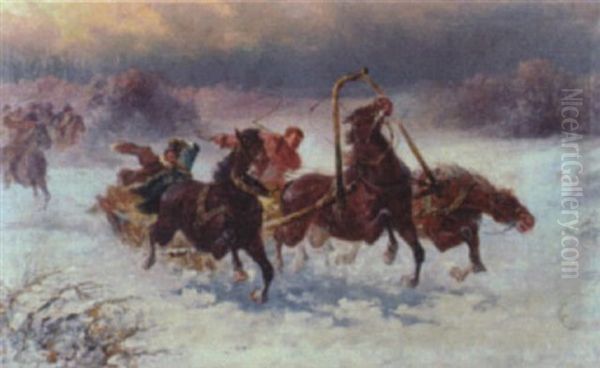 Troika Pursued By Troops Oil Painting by Adolf (Constantin) Baumgartner-Stoiloff