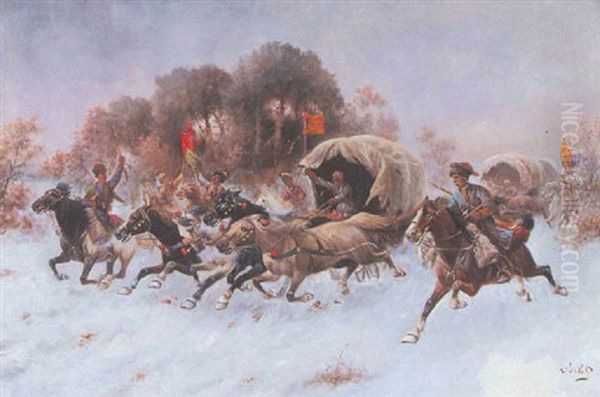 Kosakenreiter Und Pferdewagen Oil Painting by Adolf (Constantin) Baumgartner-Stoiloff