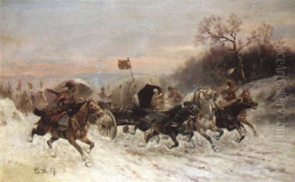 The Convoy In The Snow Oil Painting by Adolf (Constantin) Baumgartner-Stoiloff