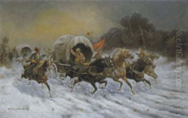 Kossakentrupp In Winterlandschaft Oil Painting by Adolf (Constantin) Baumgartner-Stoiloff