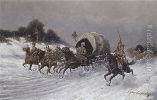 Uberfall Der Karawane Im Schnee Oil Painting by Adolf (Constantin) Baumgartner-Stoiloff