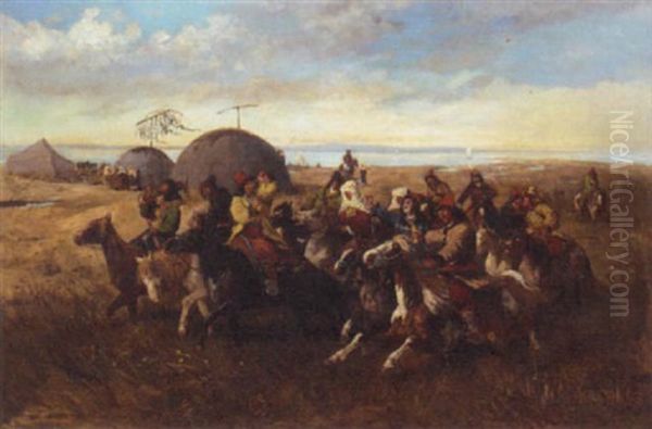 Russian Kossacks Oil Painting by Adolf (Constantin) Baumgartner-Stoiloff