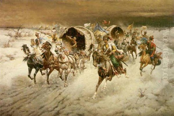 A Winter Landscape With Cossacks Charging On Horseback Oil Painting by Adolf (Constantin) Baumgartner-Stoiloff