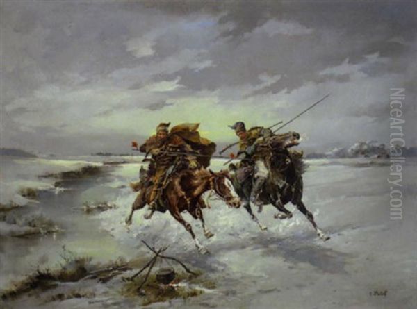 Zwei Reiter In Weiter Winterlandschaft Oil Painting by Adolf (Constantin) Baumgartner-Stoiloff