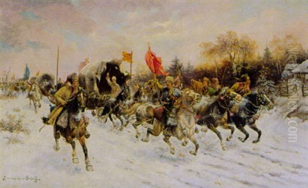 Kosakeneinheit In Wildem Galopp Oil Painting by Adolf (Constantin) Baumgartner-Stoiloff