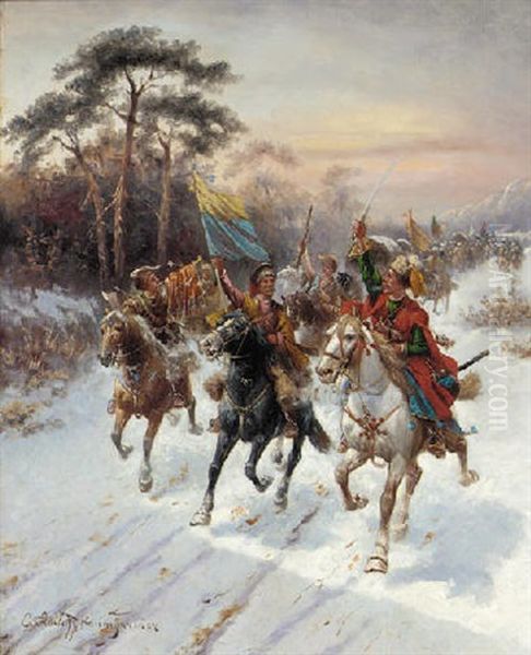 A Cavalry Charge Oil Painting by Adolf (Constantin) Baumgartner-Stoiloff