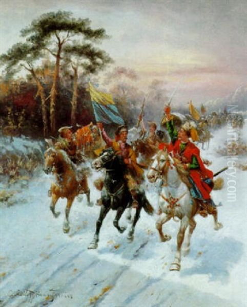 Reiterhorde Unterwegs Zum Angriff Oil Painting by Adolf (Constantin) Baumgartner-Stoiloff