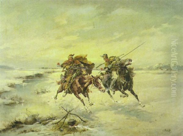 Zwei Reiter In Weiter Winterlandschaft Am Ufer Eines Flusschens Nahe Einer Feuerstelle Oil Painting by Adolf (Constantin) Baumgartner-Stoiloff