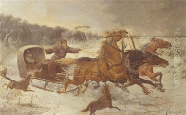 Wolves Attacking Travellers In A Troika Oil Painting by Adolf (Constantin) Baumgartner-Stoiloff