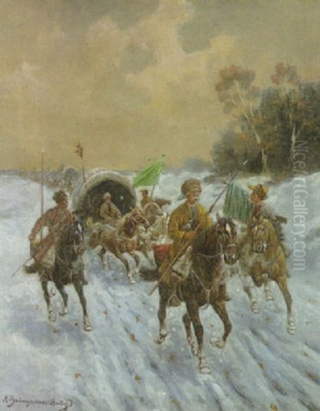 Reiter Und Pferdefuhrwerke Auf Verschneiter Landstrasse (in Sibirien?) Oil Painting by Adolf (Constantin) Baumgartner-Stoiloff