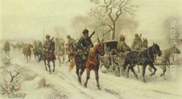 Kosaken-reitzug Und Pferdeschlitten Auf Verschneiter Landstrasse Oil Painting by Adolf (Constantin) Baumgartner-Stoiloff