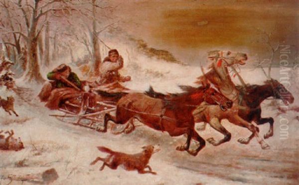 Troikas Pursued By Wolves Oil Painting by Adolf (Constantin) Baumgartner-Stoiloff