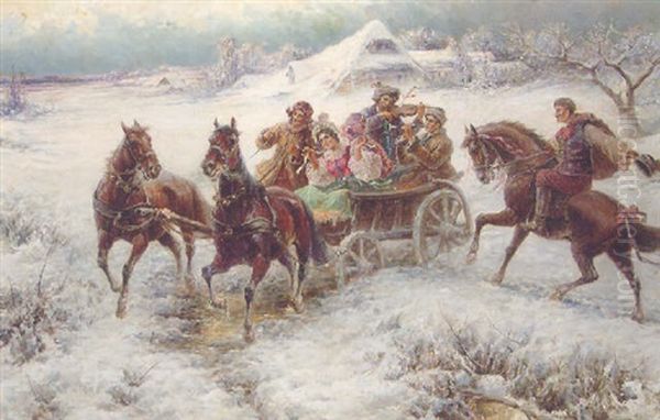 A Horse And Cart In A Winter Landscape Oil Painting by Adolf (Constantin) Baumgartner-Stoiloff