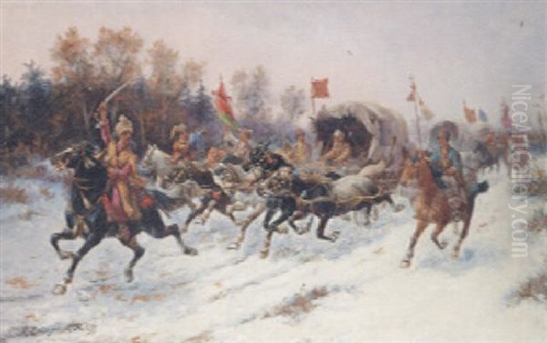 Cossacks In A Winter Landscape Oil Painting by Adolf (Constantin) Baumgartner-Stoiloff