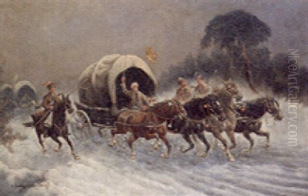 Charging Wagons In A Winter Landscape Oil Painting by Adolf (Constantin) Baumgartner-Stoiloff