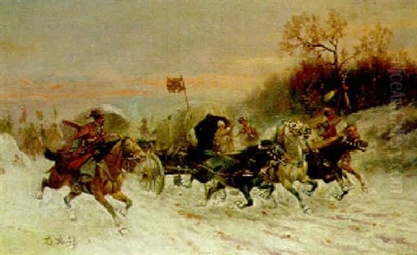 Charging Wagons And Cavalry In A Winter Landscape by Adolf (Constantin) Baumgartner-Stoiloff