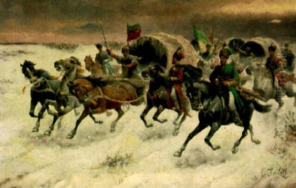 Charging Through A Winter Landscape Oil Painting by Adolf (Constantin) Baumgartner-Stoiloff