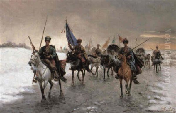 Cossacks In A Winter Landscape Oil Painting by Adolf (Constantin) Baumgartner-Stoiloff