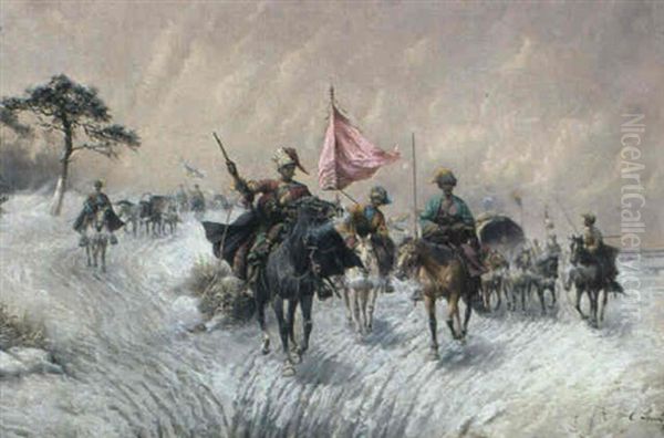 Mongolischer Reiterhaufen In Winterlicher Steppenlandschaft Oil Painting by Adolf (Constantin) Baumgartner-Stoiloff