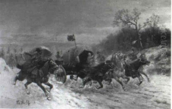 Cavalry Charge In Siberia Oil Painting by Adolf (Constantin) Baumgartner-Stoiloff