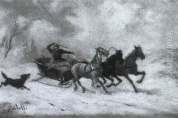 A Wolf Pursuing A Troika In The Snow Oil Painting by Adolf (Constantin) Baumgartner-Stoiloff