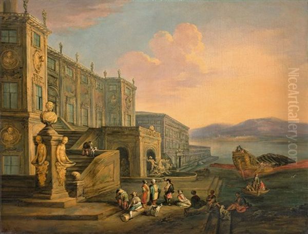 Harbour Fantasy With Papal Palace And The Bucintoro Oil Painting by Johann Wilhelm Baur