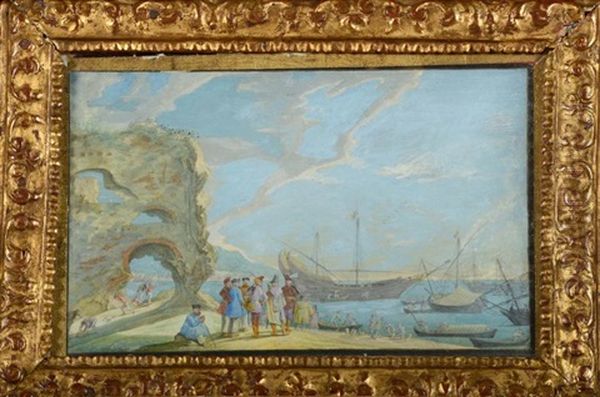 Scene De Plage Avec Des Marchands Et Des Bateaux Ancres Oil Painting by Johann Wilhelm Baur