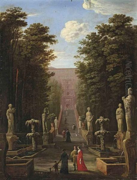 A View Of The Villa D'este And Gardens, Tivoli, With Elegant Figures Oil Painting by Johann Wilhelm Baur