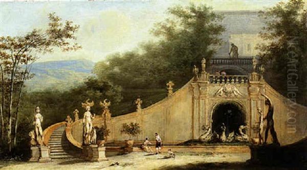 An Italianate Landscape With An Imaginary View Of A Grand Staircase And Figures In A Formal Garden Oil Painting by Johann Wilhelm Baur