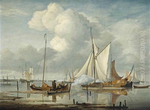 Ships Saluting On The Nieuwe Maas, With Rotterdam In The Distance Oil Painting by Nicolas Baur