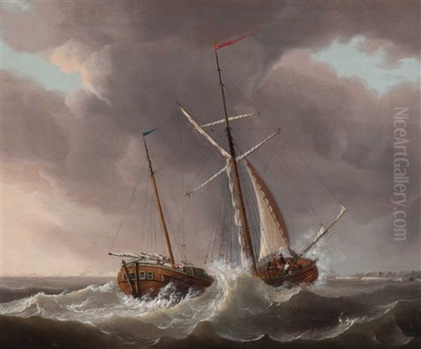 Two-master On A Rough Sea Oil Painting by Nicolas Baur