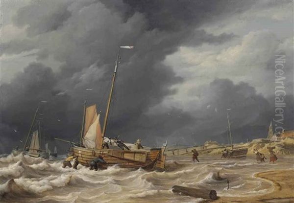 A Botter Braving A Storm Near Scheveningen Oil Painting by Nicolas Baur