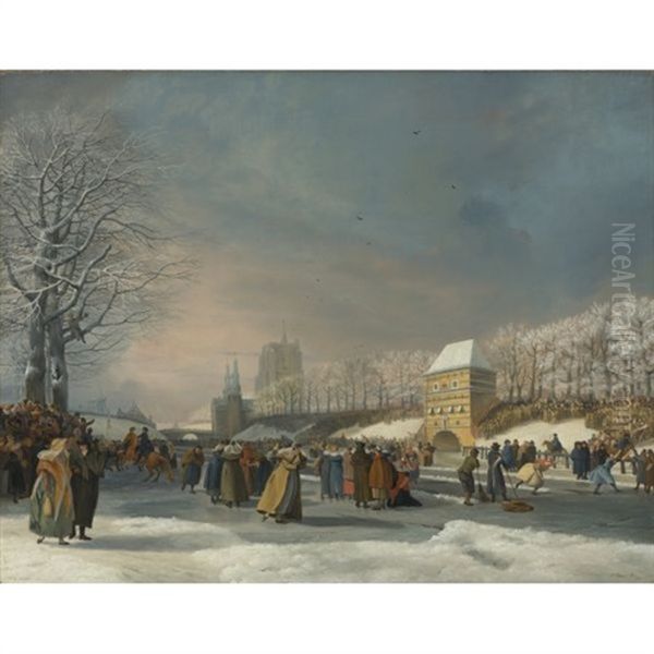 The Women's Speed Skating Contest On The Stadsgracht, Leeuwarden, 21 January 1809 Oil Painting by Nicolas Baur