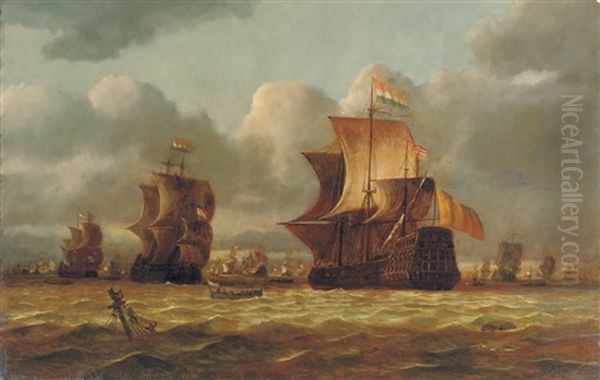 Shipping In Choppy Waters With A Shipwreck In The Foreground Oil Painting by Nicolas Baur