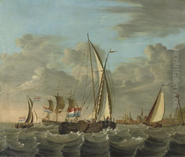 Shipping On Choppy Waters Near The Coast With A Village Beyond Oil Painting by Nicolas Baur