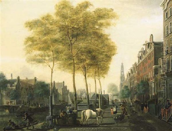 A View Of The Prinsengracht, Amsterdam Looking North-west With The Bridge Towards The Lauriersgracht On The Left And The Westerkerk Beyond Oil Painting by Nicolas Baur