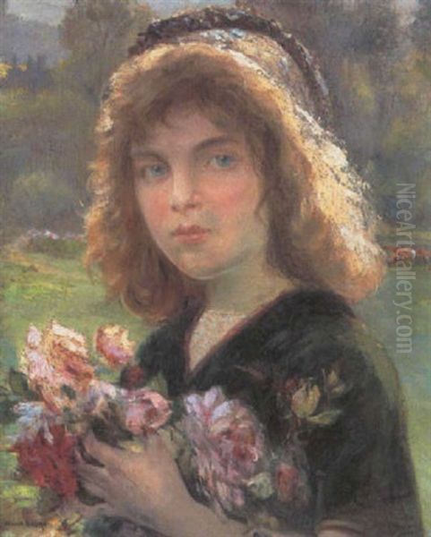 Lille Pige Med Blomsterbuket Oil Painting by Albert Baure