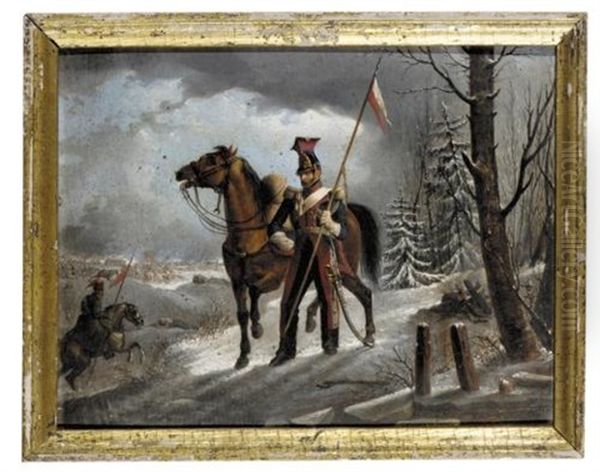 A Polish Lancer From The French Imperial Guard On The Retreat From Moscow (ein Polnischer Ulan Der Franzosichen Kaiserlichen Garde Bei Der Ruckkehr Aus Moskau) Oil Painting by Raymond De Baux