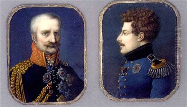 Gebhard Lebrecht Von Blucher, Prince Of Wahlstadt, In Blue Coat With Gold Embroidered Red Collar, Gold Epaulette And Lacing, Wearing Numerous Orders Oil Painting by Raymond De Baux