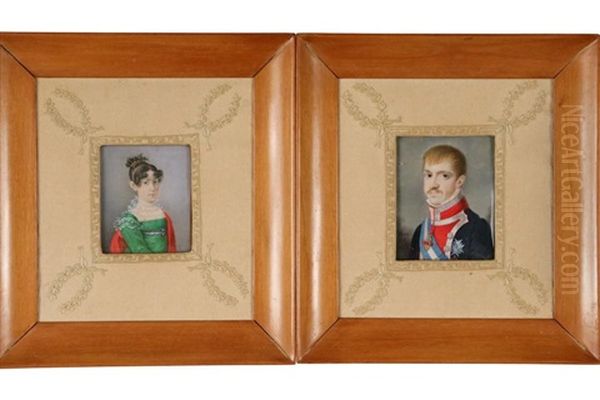 Pair Of Miniature Bust Portraits Of A Military Officer And His Wife Oil Painting by Jean (Juan) Bauzil