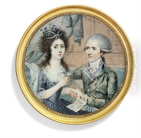 A Married Couple Seated On A Blue Chair Oil Painting by Jean (Juan) Bauzil