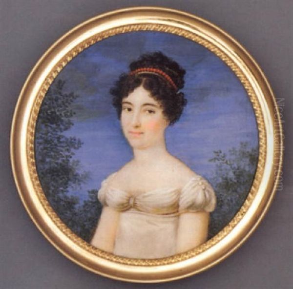 A Young Lady In White Silk Dress With Lace Underdress, Gold Set Coral Fillet In Her Curling Dark Upswept Hair Oil Painting by Jean (Juan) Bauzil