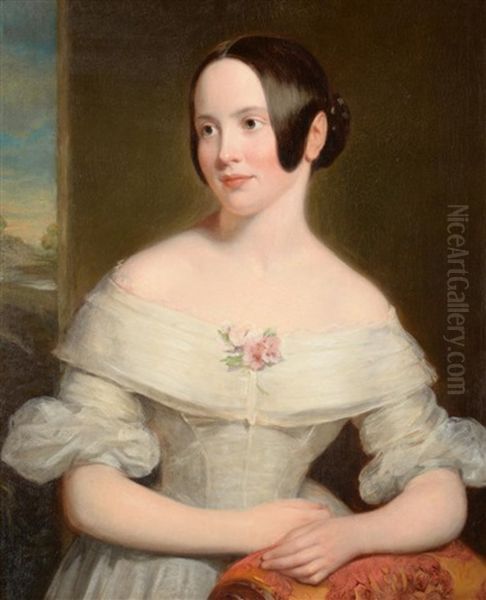 Portrait Of A Young Fashionable Lady Standing, Half Length Wearing A White Dress And Flowers Pinned To Her Decolletage Oil Painting by Charles Baxter