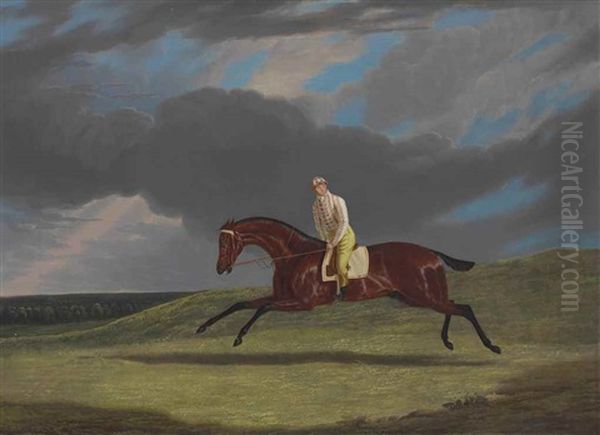 Corduroy,' A Bay Racehorse, With A Jockey Up, Galloping On A Racecourse Oil Painting by Charles Baxter