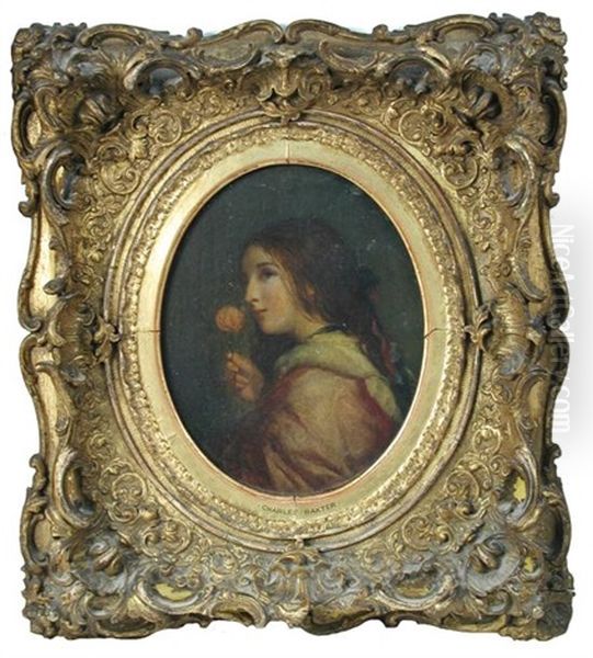 Portrait Of A Young Girl, With Ribbons In Her Hair And A Pink And Cream Cloak, Holding A Pink Rose Oil Painting by Charles Baxter